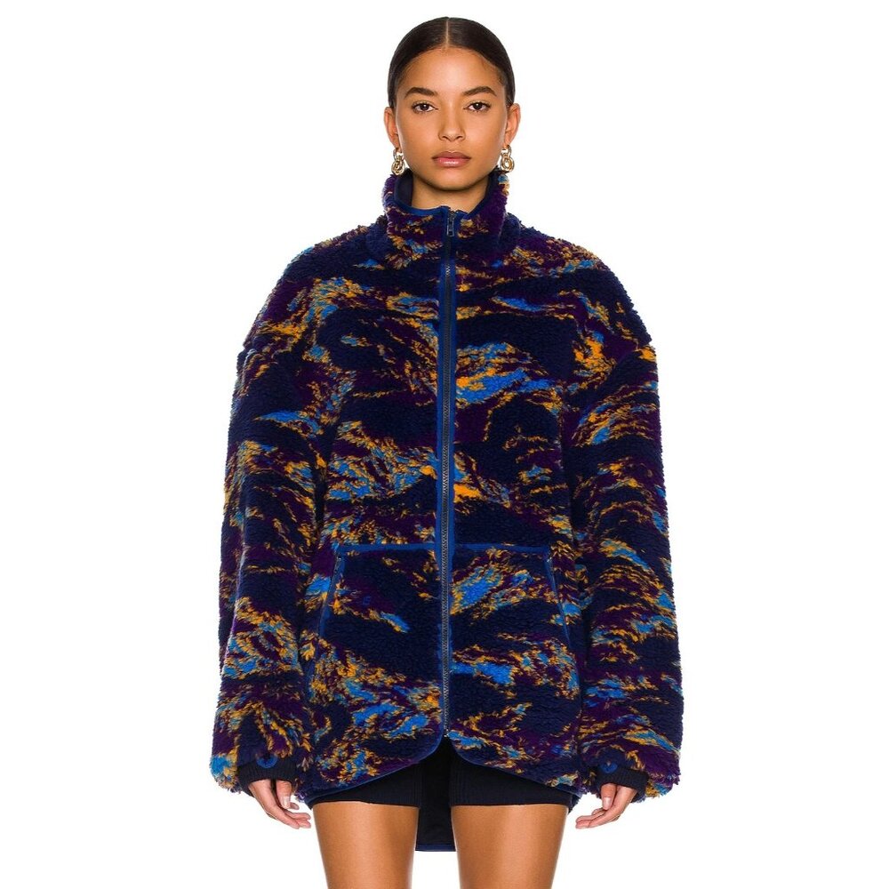 R13 Navy Swirl Oversized Zip Up Fleece Jacket $925, Size Large